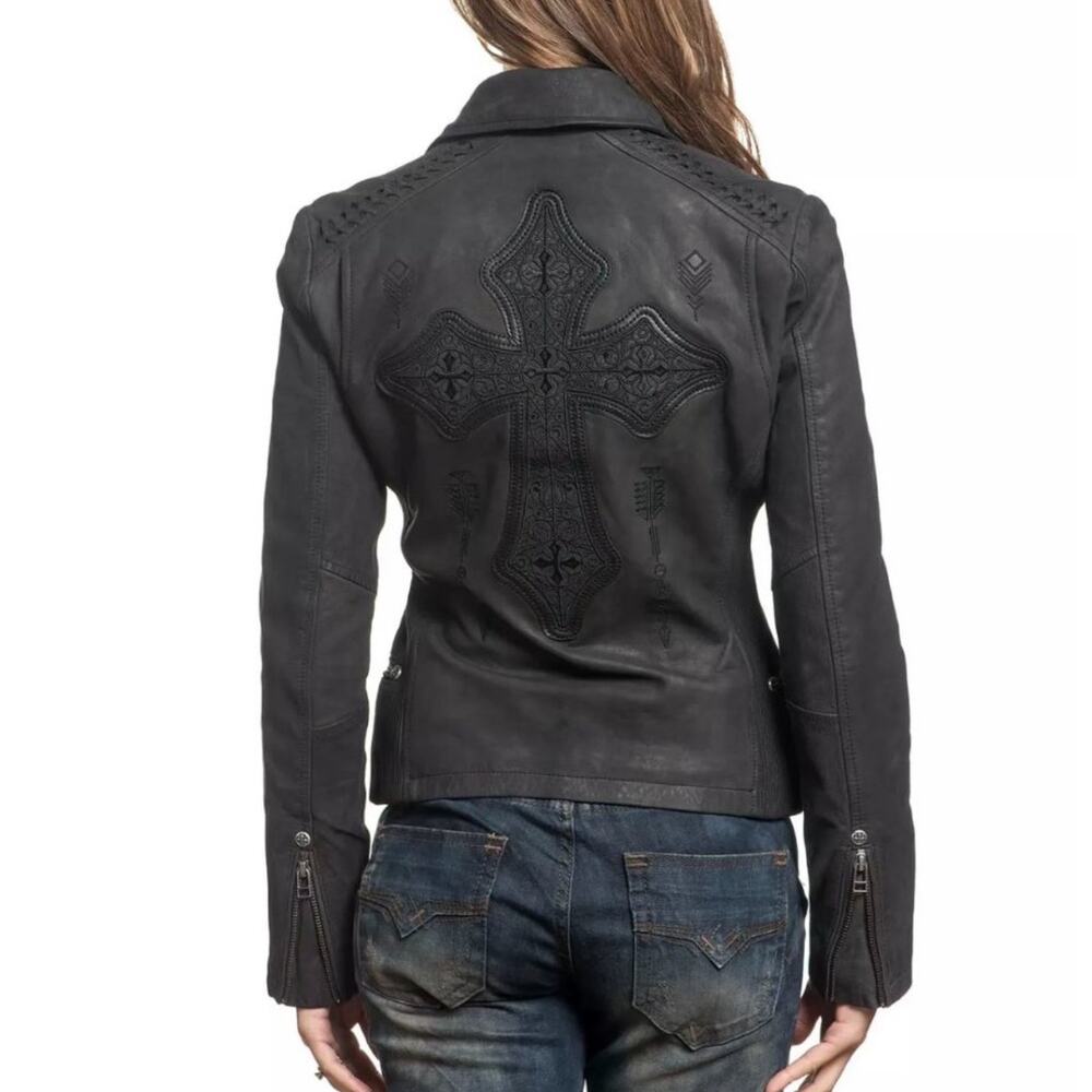 AFFLICTION Leather Jacket Women's Small NWT #99 Livestock Biker MMA Cross Zipper